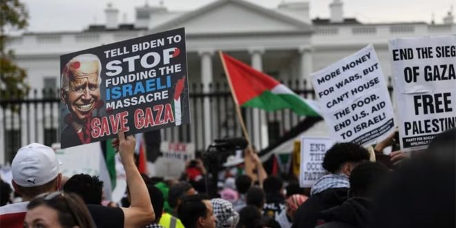 تظاهرات در مقابل کاخ سفید در اعتراض به تجاوزات اسرائیل به غزه و حمله به رفح